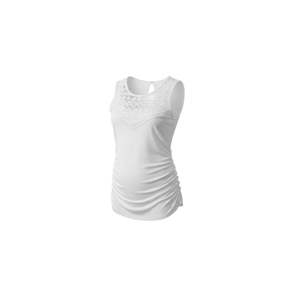 Bisou Bisou Tank Top Womens XS White Crochet Lace Yoke Ruched Sides Sleeveless